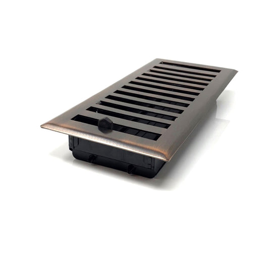 The Madelyn Carter Steel Modern Chic Vent Cover in Venetian Bronze, featuring adjustable louvers, is displayed on a white surface.