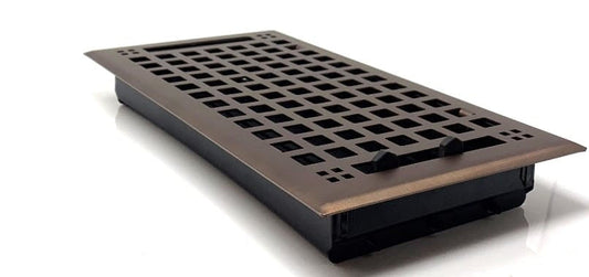 Madelyn Carter Steel Artisan Vent Covers in oil rubbed bronze feature a rectangular grid design and an adjustable airflow lever, shown on a white background.