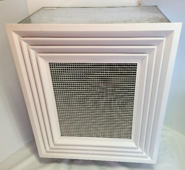 The EP Custom Flush Mount Offset Four Way Concentric Diffuser is a rectangular white air vent cover with a central grid and stepped framing, shown against a plain background—ideal for efficient air distribution.