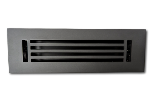 The Madelyn Carter Cast Aluminum Linear Bar Vent Cover in carbon gray features three horizontal slats and a rust-resistant finish, shown against a plain white background.