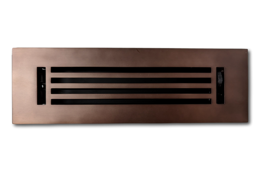 The Madelyn Carter Cast Aluminum Linear Bar Vent Cover features horizontal black slats and an oil rubbed bronze finish, displayed against a plain white background.