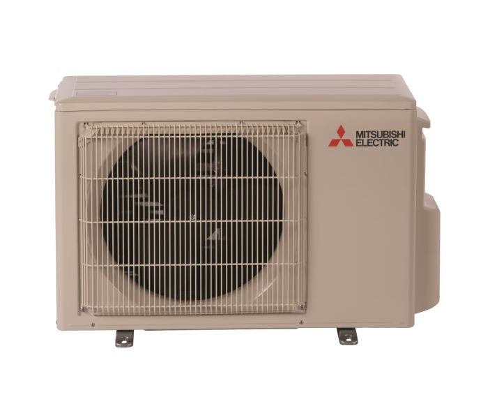 The Insco Mitsubishi M-Series Single-Zone 115V Heat Pump System MUZ-JX outdoor unit features a front metal grille revealing the fan.