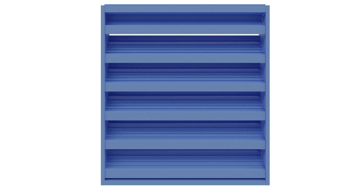 The Aire Technologies DC-436, a blue multi-tiered storage shelf with six horizontal compartments and a 4" stationary drainable louver, is shown front-facing against a plain white background.