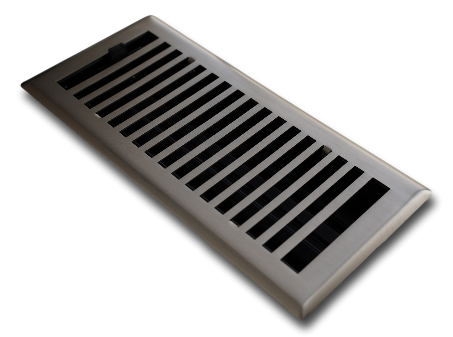 The Madelyn Carter Steel Modern Chic Vent Cover in Antique Brass features horizontal and vertical slats, shown at an angle on a white background.