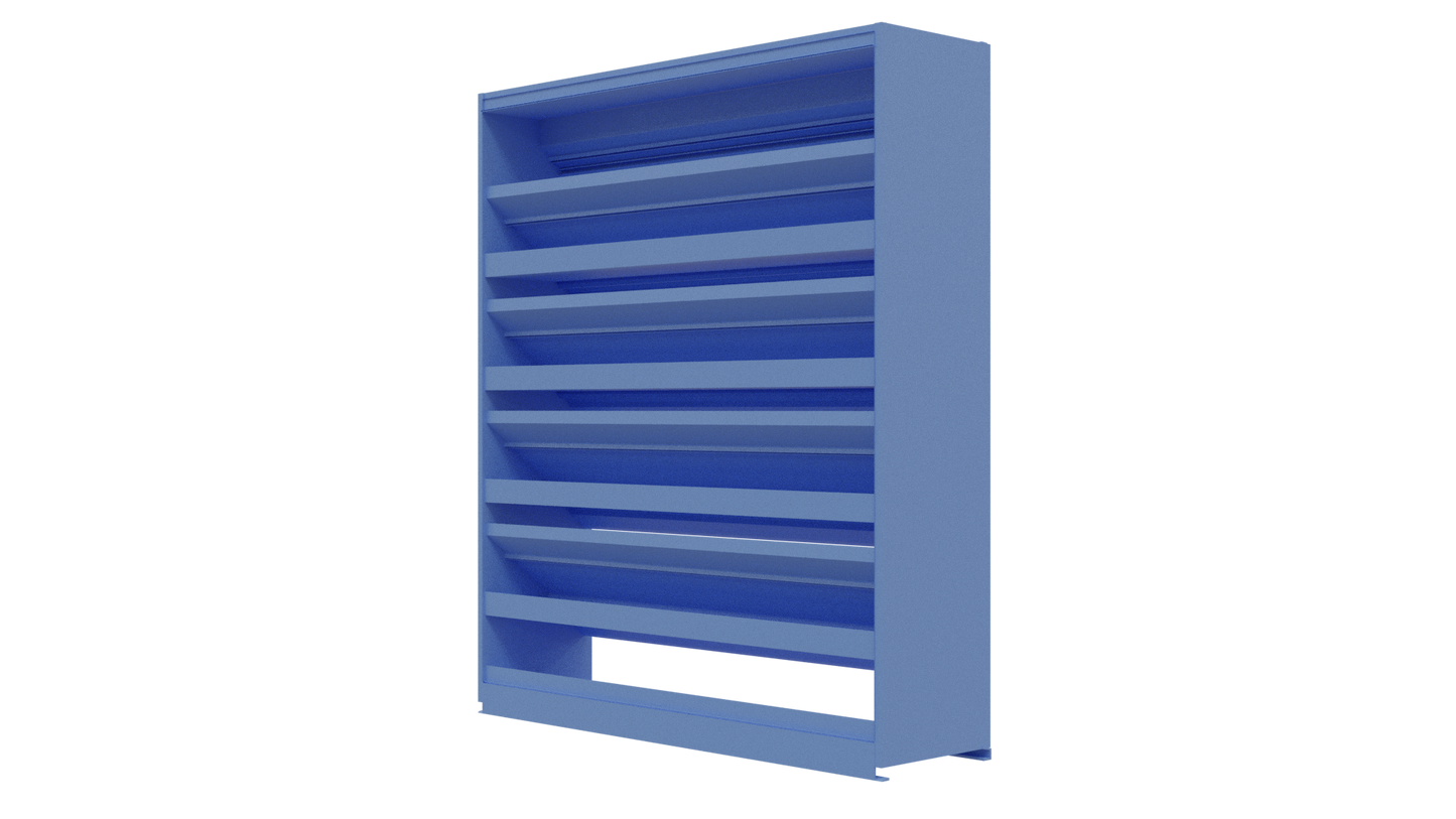The Aire Technologies DC-638 is a tall, blue, metal stationary drainable louver with six slanted shelves and an open bottom section, shown against a plain white background.