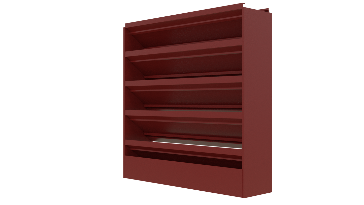 The Aire Technologies 638-SD Stationary, Drainable, Louver features five red metal slanted shelves and is available in custom sizes, shown against a plain white background.