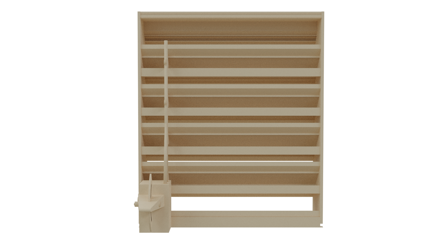 The Aire Technologies 638-CD Combination Drainable and Adjustable Louver features multiple angled shelves, resembling a wooden bookshelf, with a built-in crank mechanism on the lower left side.