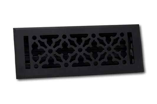 The Madelyn Carter Cast Aluminum Gothic Vent Cover in black features a decorative geometric pattern, adjustable side vents, and a rectangular metal design, displayed on a white background.
