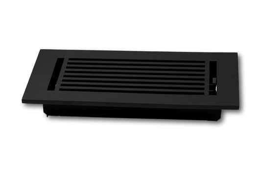 The Madelyn Carter Cast Aluminum Linear Bar Vent Cover in black features horizontal slats, a right-side adjustable airflow lever, and a rust-resistant finish—ideal for floors or walls.