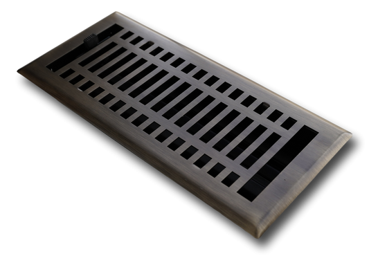 The Madelyn Carter Steel Modern Vent Cover in Antique Brass features a grid design, adjustable lever, and rust-resistant finish, shown against a white background.