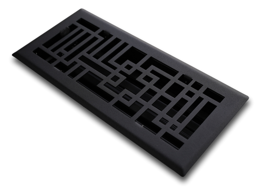 The Madelyn Carter Steel Capitman Art Deco Vent Cover in black features a geometric pattern and is crafted from steel, shown on a white background.