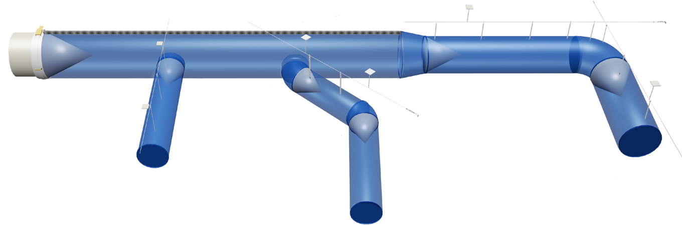 3D model of Softducts' Fabric Ducts for Greenhouses & Plant Nurseries, featuring blue ventilation pipes with multiple vertical and angled branches connected to a main horizontal duct.