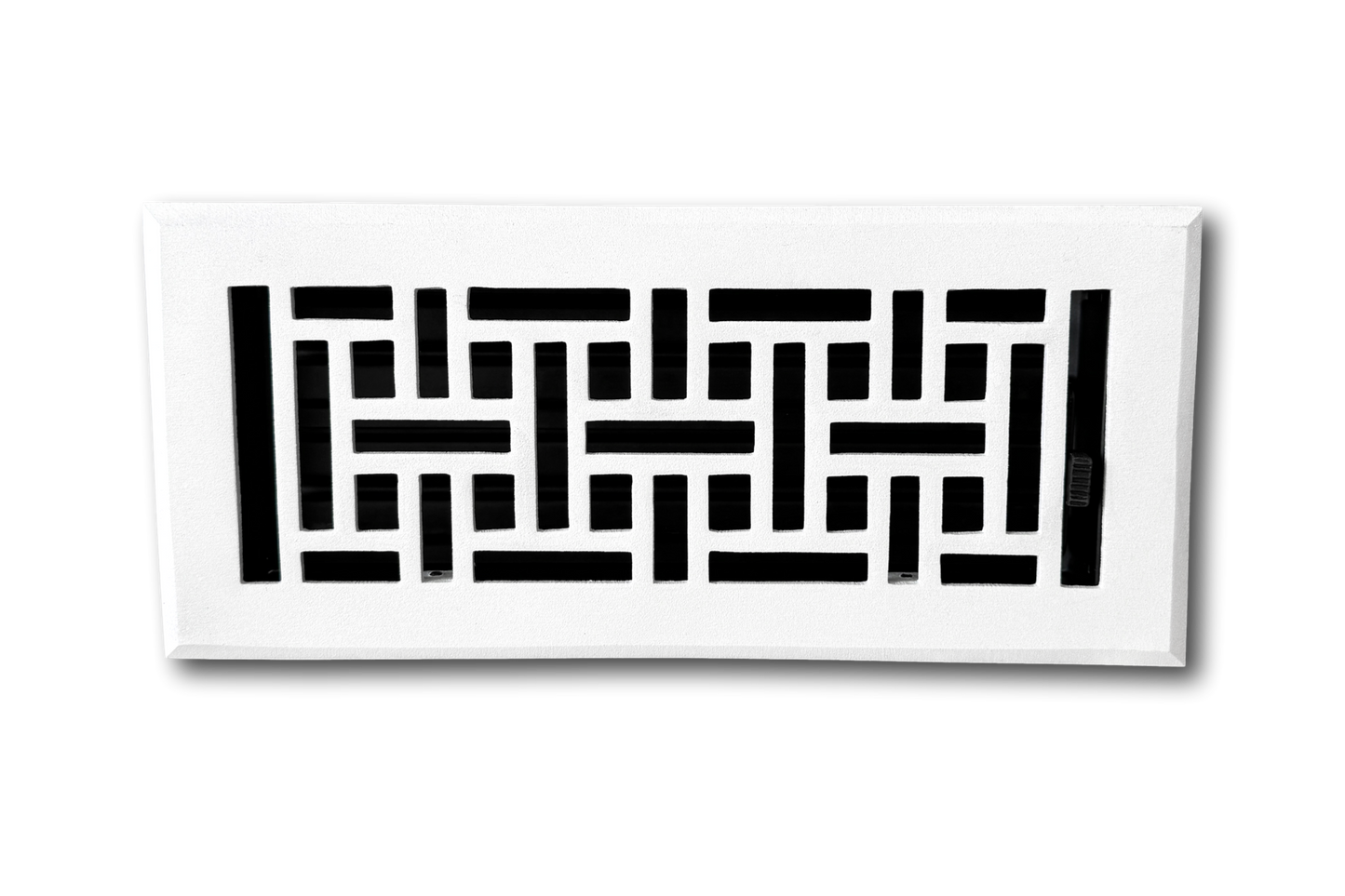 The Madelyn Carter Cast Aluminum Arts & Crafts Vent Cover in white features a geometric cutout pattern and is shown mounted on a plain white wall.