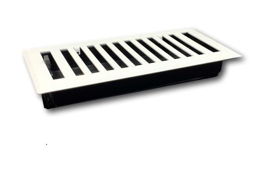 The Madelyn Carter Steel Modern Chic Vent Cover in white features black louvers and a rectangular design, making it a stylish addition to any room.