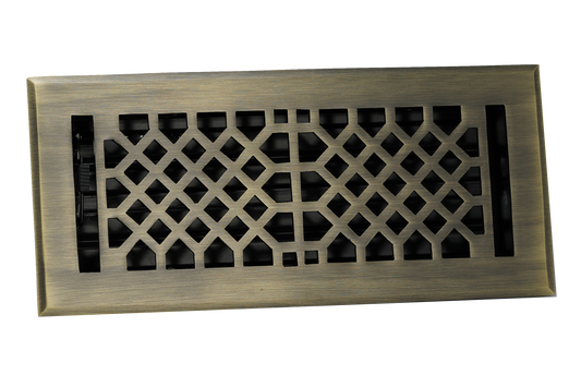 The Madelyn Carter Cast Brass Vintage Industrial Vent Cover in antique brass features a geometric lattice pattern, shown on a plain white background.