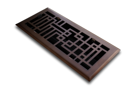 The Madelyn Carter Steel Capitman Art Deco Vent Cover features a geometric pattern and oil rubbed bronze finish, displayed on a white background.