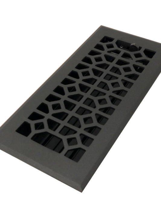 The Madelyn Carter Cast Aluminum Roman Vent Cover in black features a geometric cutout pattern and is shown against a white background.