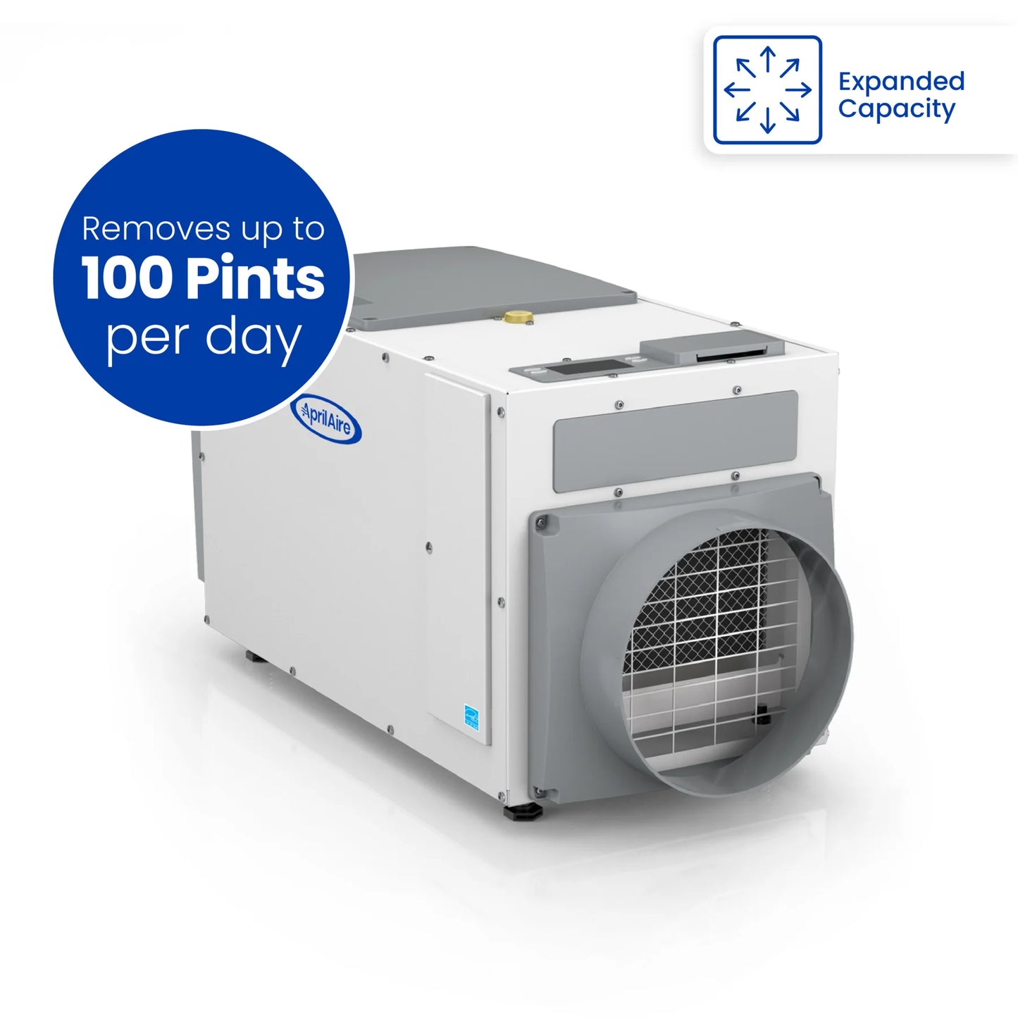 The Aprilaire 100 Pint Professional-Grade Dehumidifier, Model E100, is energy efficient and features an air vent and a label noting its high capacity—removing up to 100 pints per day—making it ideal for basement use.