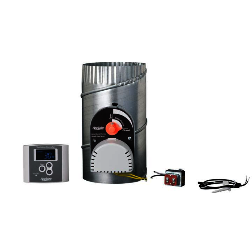 The Aprilaire Ventilation Control System - Model 8126X features a metal HVAC zone damper, control dial, electronic thermostat display, control box, and temperature probe to enhance indoor air quality throughout your home.