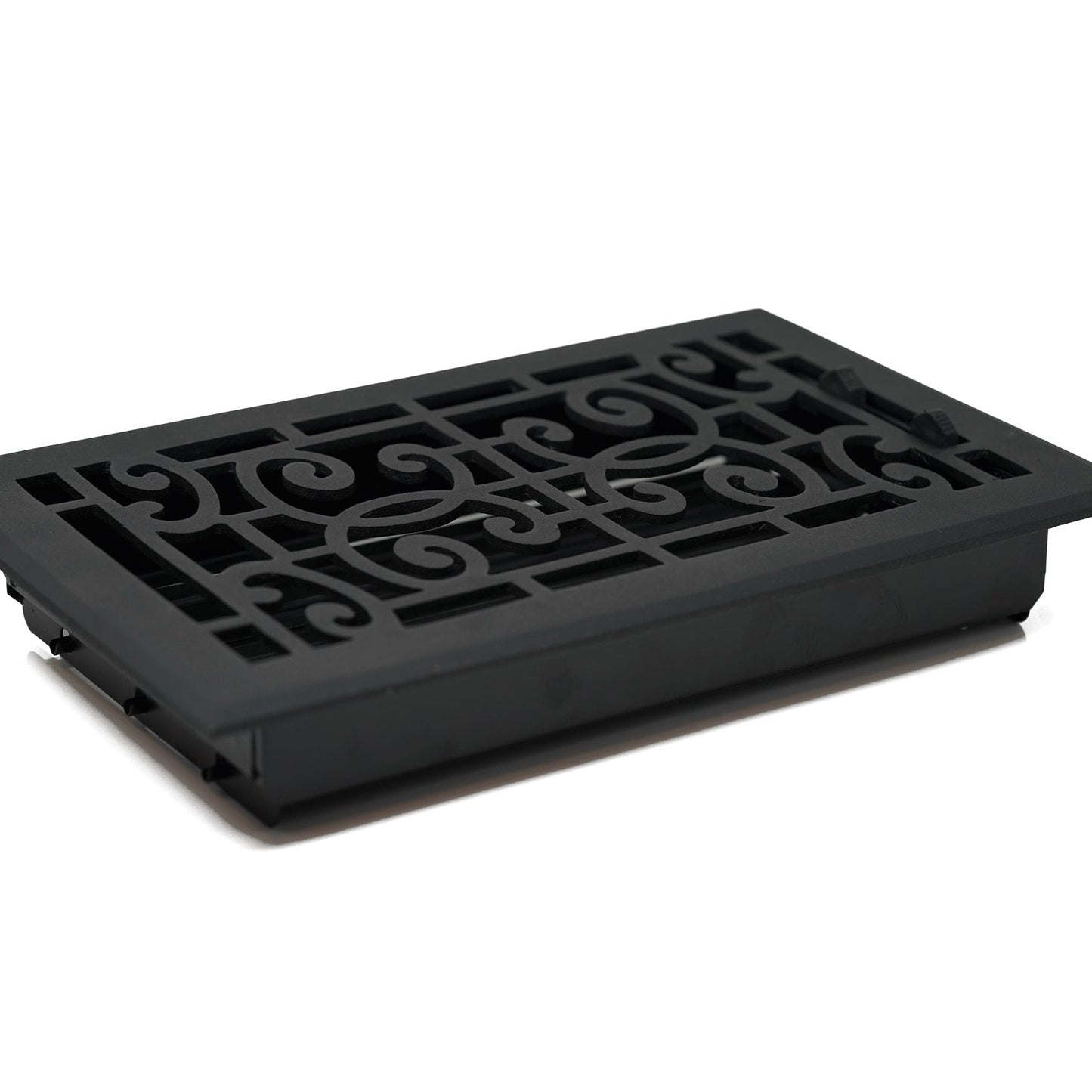 The Madelyn Carter Cast Aluminum Baroque Vent Cover in black is shown on a white background, featuring an ornate grate design and adjustable metal dampers for customized airflow control.