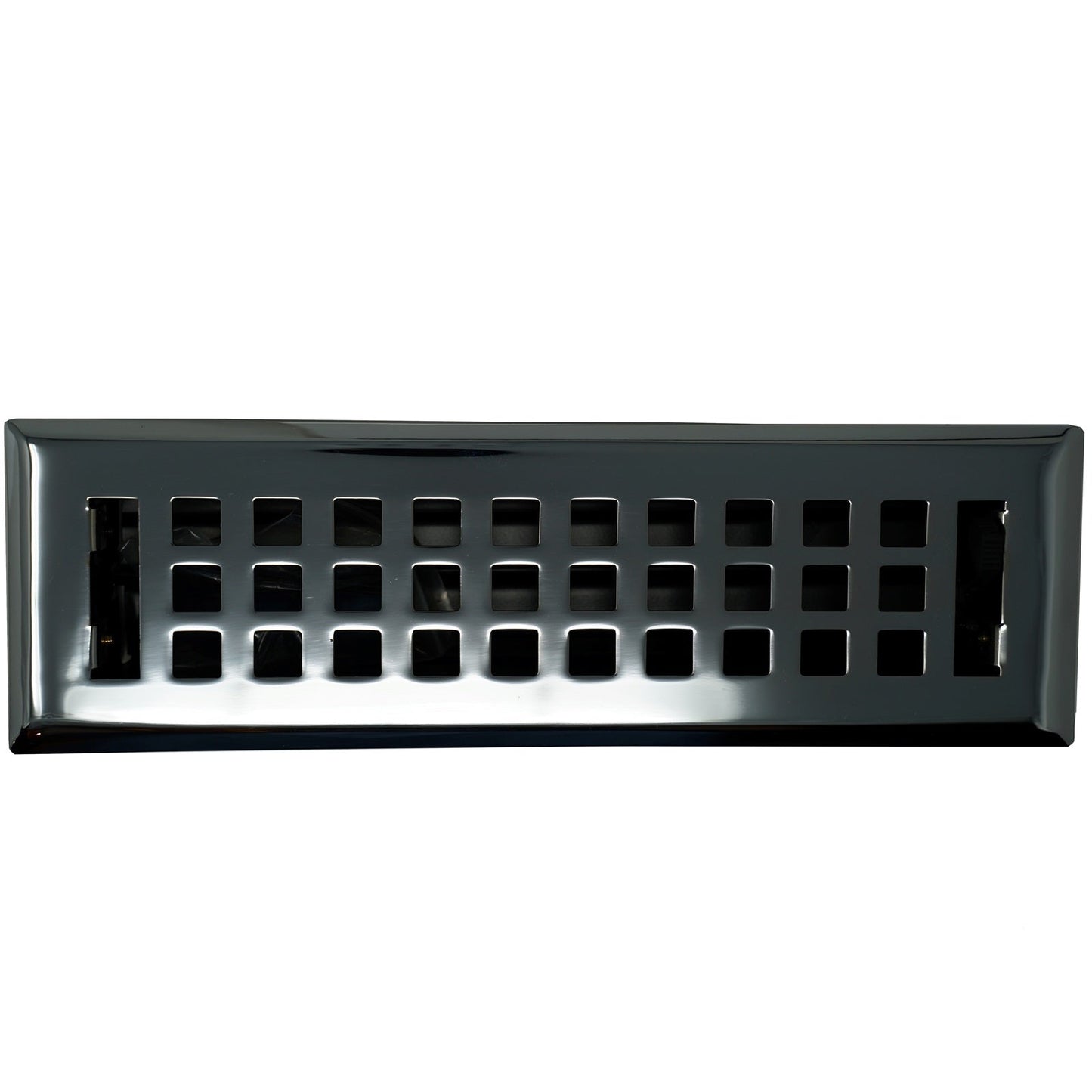 Madelyn Carter Cast Brass Artisan Vent Cover in polished chrome, featuring a grid of square openings, photographed against a white background.