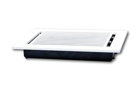 The Madelyn Carter Cast Aluminum Linear Bar Vent Cover in white features horizontal slats and a sleek, modern look. Rust-resistant and durable, it enhances any interior space and is displayed at an angle against a plain white background.
