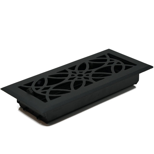 The Madelyn Carter Cast Aluminum Empire Vent Cover - Black features a decorative geometric design and is photographed on a white background. This stylish vent cover adds a modern accent to any floor or wall.