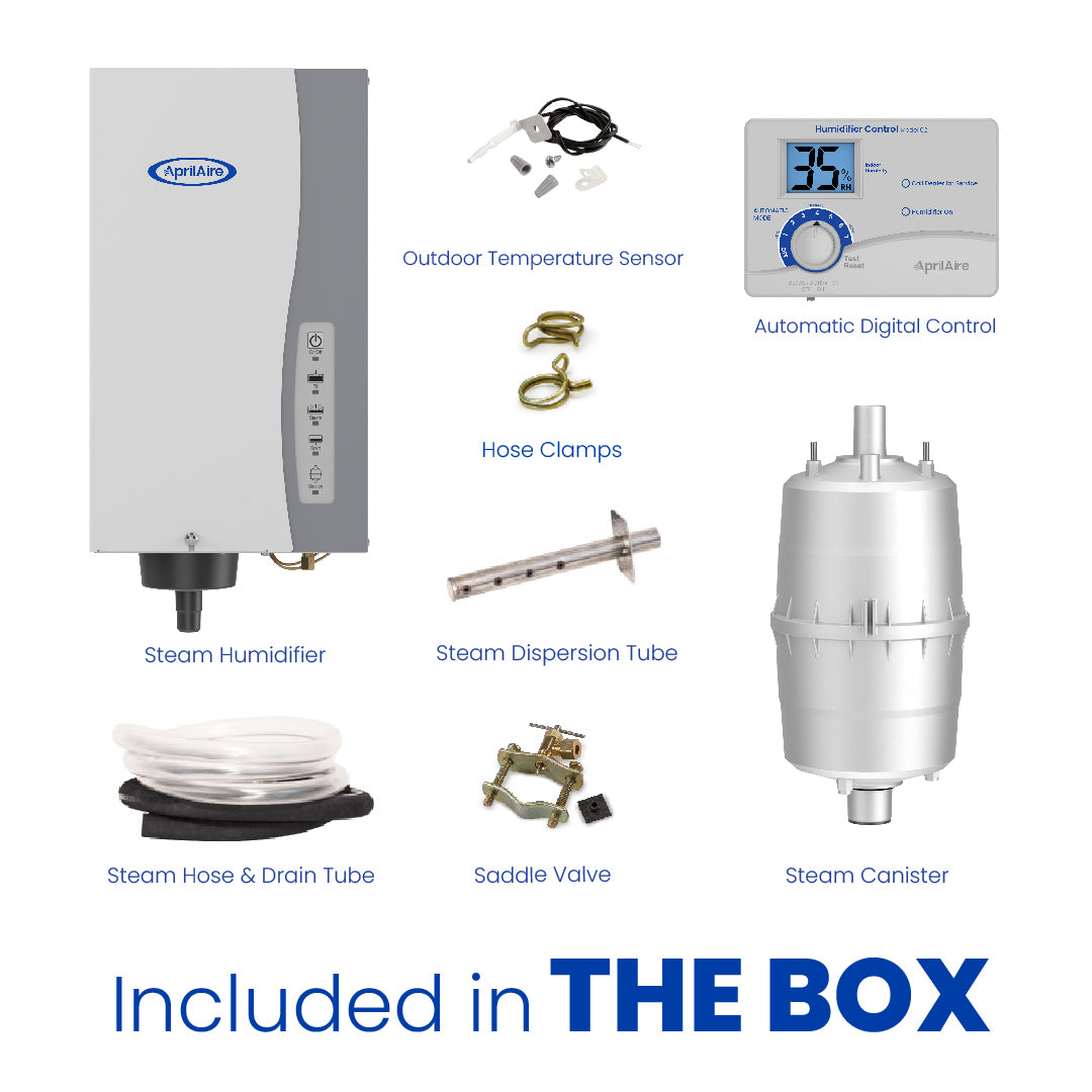 Image shows contents of the Aprilaire Whole-House Steam Humidifier Model 800 package: humidifier unit, steam canister, control panel, temperature sensor, hose, clamps, dispersion tube, and saddle valve for better indoor air quality.