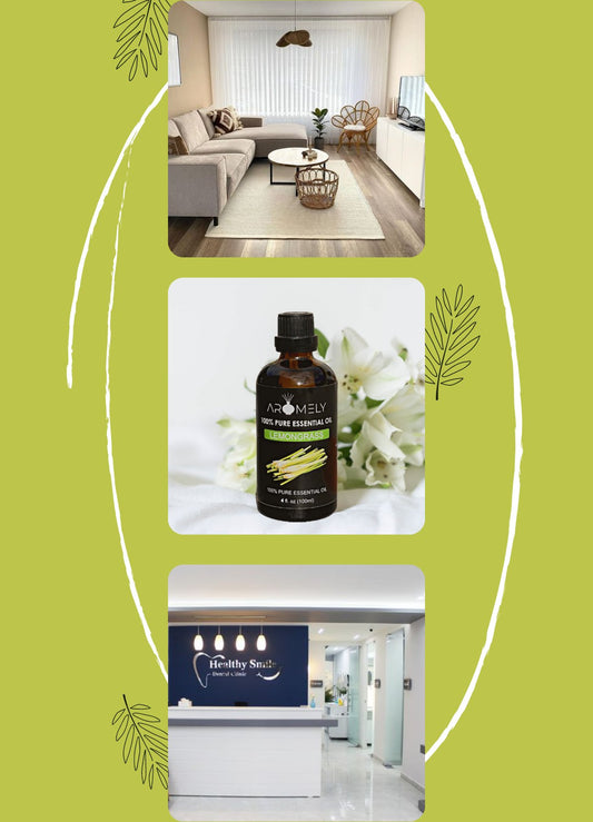 A collage features a modern living room, a bottle of AROMELY Lemongrass Essential Oil with flowers, and a clinic reception desk set against a green background with leaf illustrations.