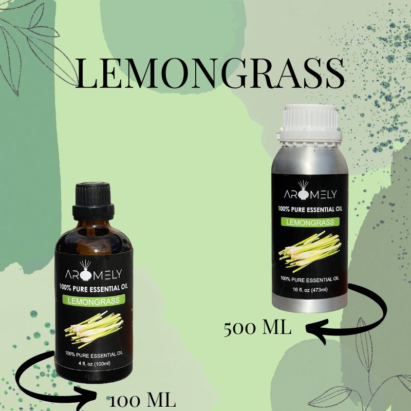 Two bottles of AROMELY Lemongrass Essential Oil—100 ml and 500 ml—are shown against a vibrant green background, highlighting this pure, natural mood-enhancing product.