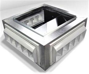 The EP Custom Drum Louver Drop Boxes - Four Way is a square metal HVAC ceiling diffuser with multiple angled side vents, designed for efficient directional air control in your air distribution system.