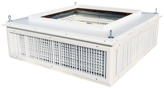 The EP Custom Double Deflection Drop Boxes - Four Way are white, rectangular rooftop vents with four lifting hooks and metal grille sides, designed for ventilation and efficient air distribution system integration.