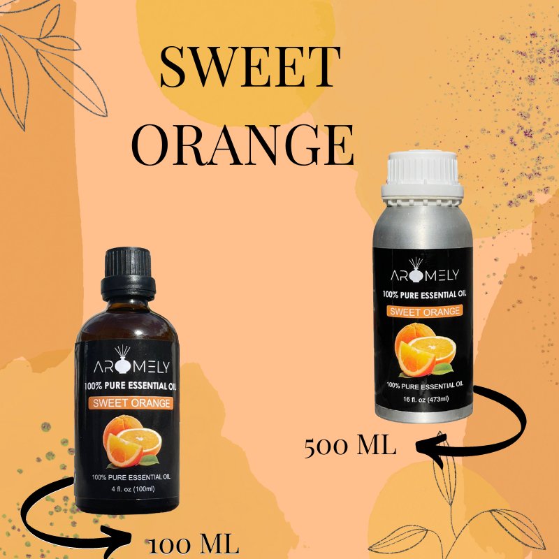 Two bottles of AROMELY Sweet Orange Essential Oil, one 100 mL and one 500 mL, are shown against an orange backdrop with decorative leaves, showcasing the brand’s vibrant, fruity scent ideal for diffusers.