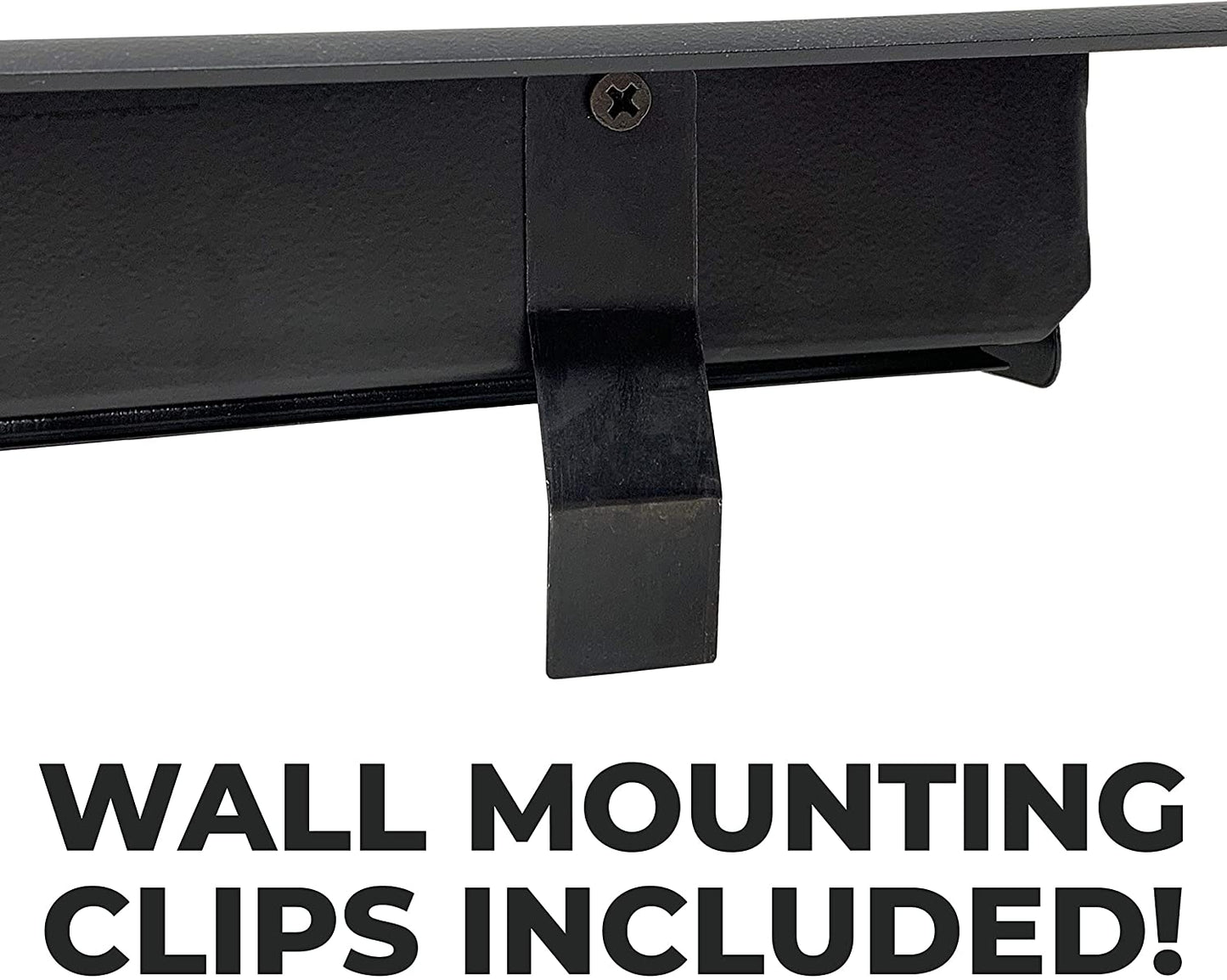 Close-up of a black wall mounting clip attached under a shelf, with bold text below stating, "WALL MOUNTING CLIPS INCLUDED!"—ideal for securely displaying your Madelyn Carter Steel Modern Vent Cover - Antique Brass.