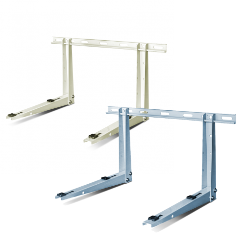 The Rectorseal Wall Mount Condensing Unit Bracket by Rectorseal includes two L-shaped metal brackets (white powder coat finish and silver), each with mounting holes and slots. Supports up to 300lb—ideal for wall-mounting condensing units.