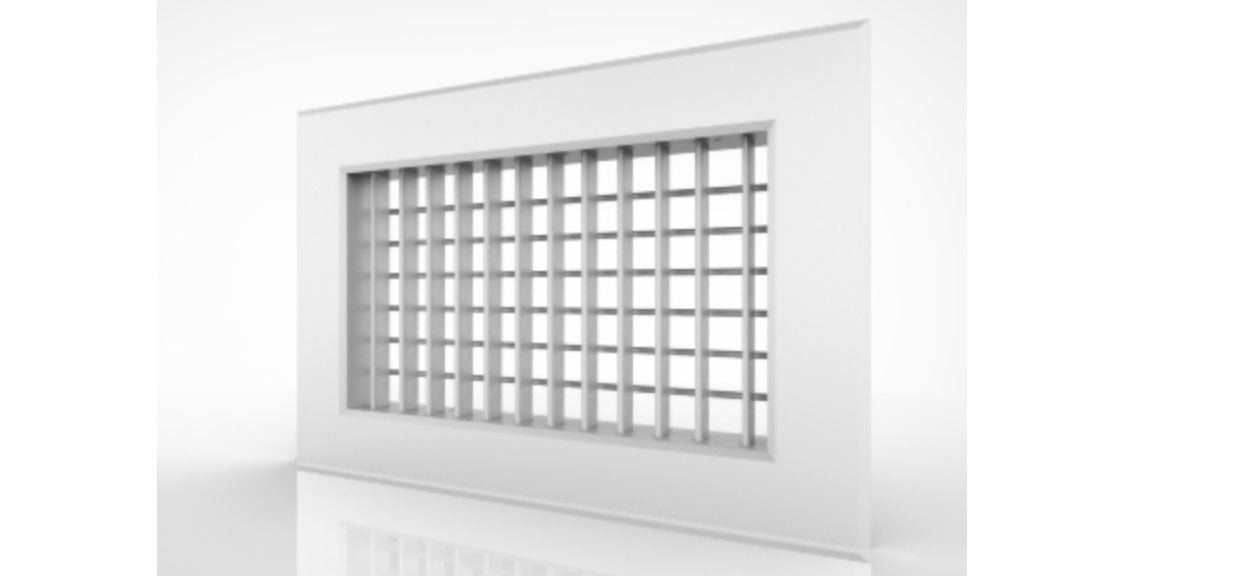 A white rectangular wall with a large window featuring a grid of bars resembles the Steel Supply Wall Grilles - IEVA by Advantage Mechanical Supply.