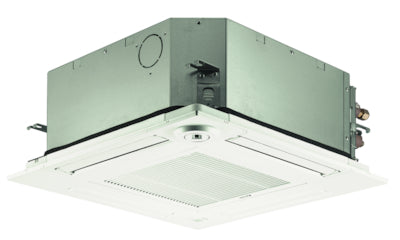 The Mitsubishi Indoor Ceiling Cassette Air Handler for 24"x24" Grid (SLZ) features a square vent and metal housing, providing efficient indoor climate control and air distribution.