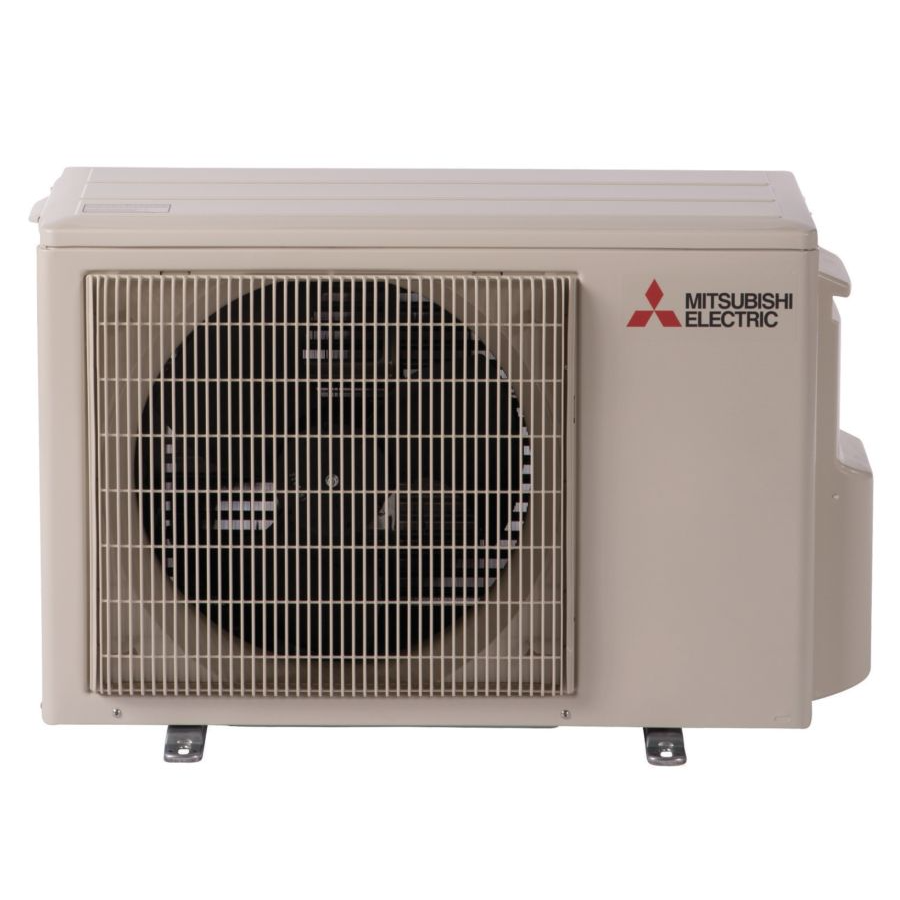 The Mitsubishi Outdoor Single Zone Universal Standard Condenser (MUZ,MUY-GL) features an inverter-driven compressor and visible fan behind a protective grille, supported by metal feet against a white background.