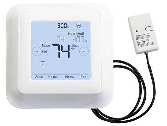 The Mitsubishi Touch Screen Backlit Wifi Remote Controller (MHK2) displays temperature, mode, and fan settings on its touchscreen and connects via wire to a compact rectangular sensor device.