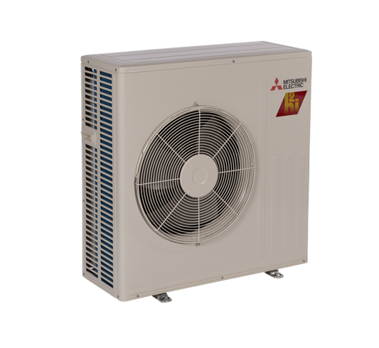 The Mitsubishi Outdoor Single Zone Floor HyperHeat Condenser MUFZ-KJ features a large central fan, ventilation grilles, and Blue Fin Coating for durability, shown against a white background.