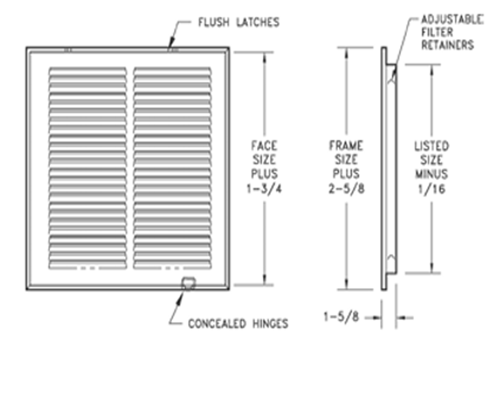 Technical drawing of Hart & Cooley Steel Return Air Filter Grille, 1/2" fin spacing - White, showing front and side views with labeled dimensions, flush latches, concealed hinges, and adjustable filter retainers.