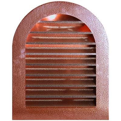 The Thunderbird Tombstone Louvered Gable Wall Vent is a copper-colored, arched metal vent cover with horizontal slats, perfect for use as a copper wall or gable vent, shown here against a white background.