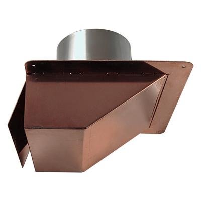 The Thunderbird Under Eave & Soffit Dryer Vent is a copper vent cap with an angled hood and circular duct collar, designed for installation as a soffit exhaust vent on various ventilation systems.