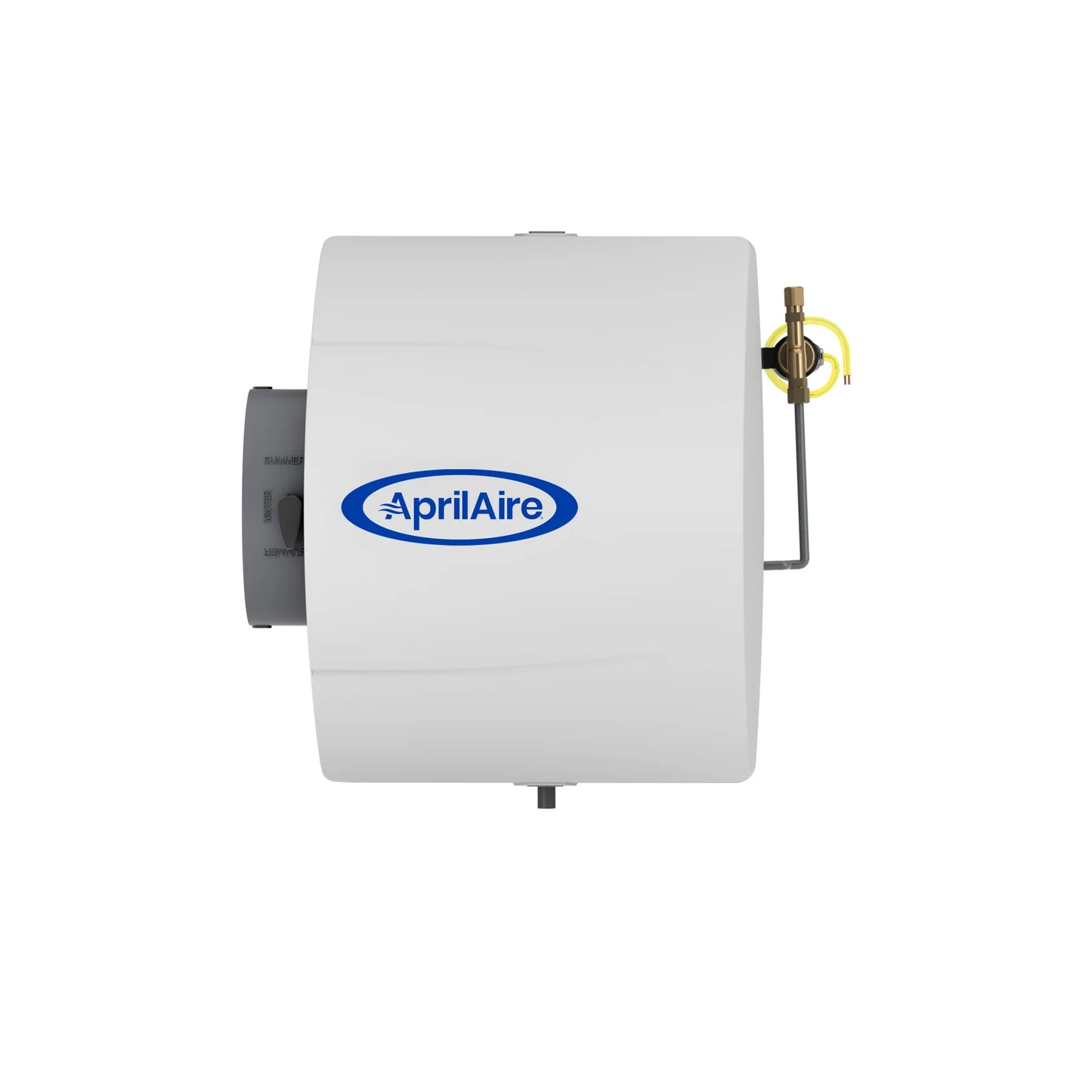 Front view of the Aprilaire Whole-House Large Bypass Evaporative Humidifier - Model 600, featuring a white casing, blue branded logo, and side metal component for superior indoor air quality and humidity control.