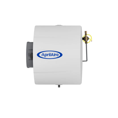 Front view of the Aprilaire Whole-House Large Bypass Evaporative Humidifier - Model 600, featuring a white casing, blue branded logo, and side metal component for superior indoor air quality and humidity control.