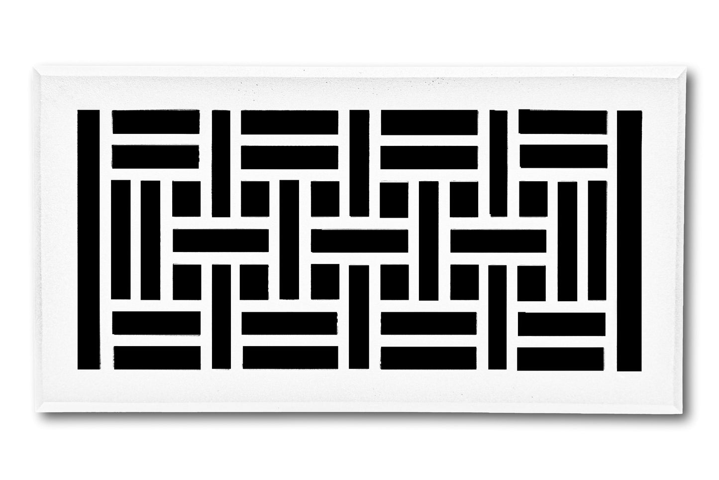 The Madelyn Carter Cast Aluminum Arts & Crafts Vent Cover in white features a black geometric pattern of interlocking horizontal and vertical lines.