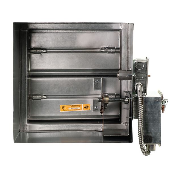 The Aire Technologies Series 10 Fire and Smoke Dampers Class II is a rectangular metal damper, UL 555 rated, with visible actuator, wiring, and control components on the right side.