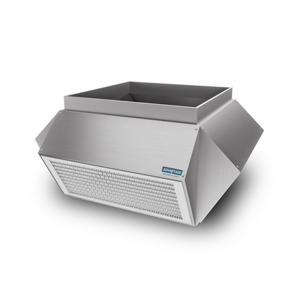 The EP Custom Slant Face Double Deflection Drop Box - Four Way is a stainless steel industrial air vent with a rectangular base and slanted sides, ideal for air distribution systems. Shown on a white background.