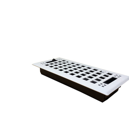 The Madelyn Carter Steel Artisan Vent Cover in white features multiple square openings and a rectangular design, displayed against a white background.