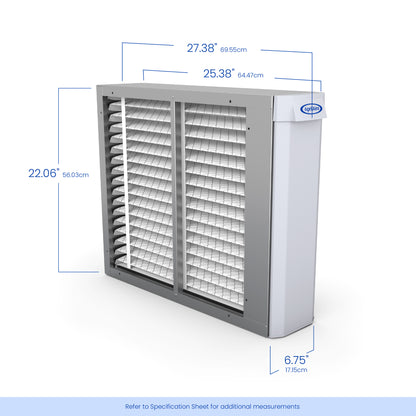 The Aprilaire Whole-House Air Purifier MERV 11 features a rectangular unit with labeled dimensions: 27.38" W x 25.38" D x 22.06" H and a 6.75" filter thickness, delivering superior HVAC protection.